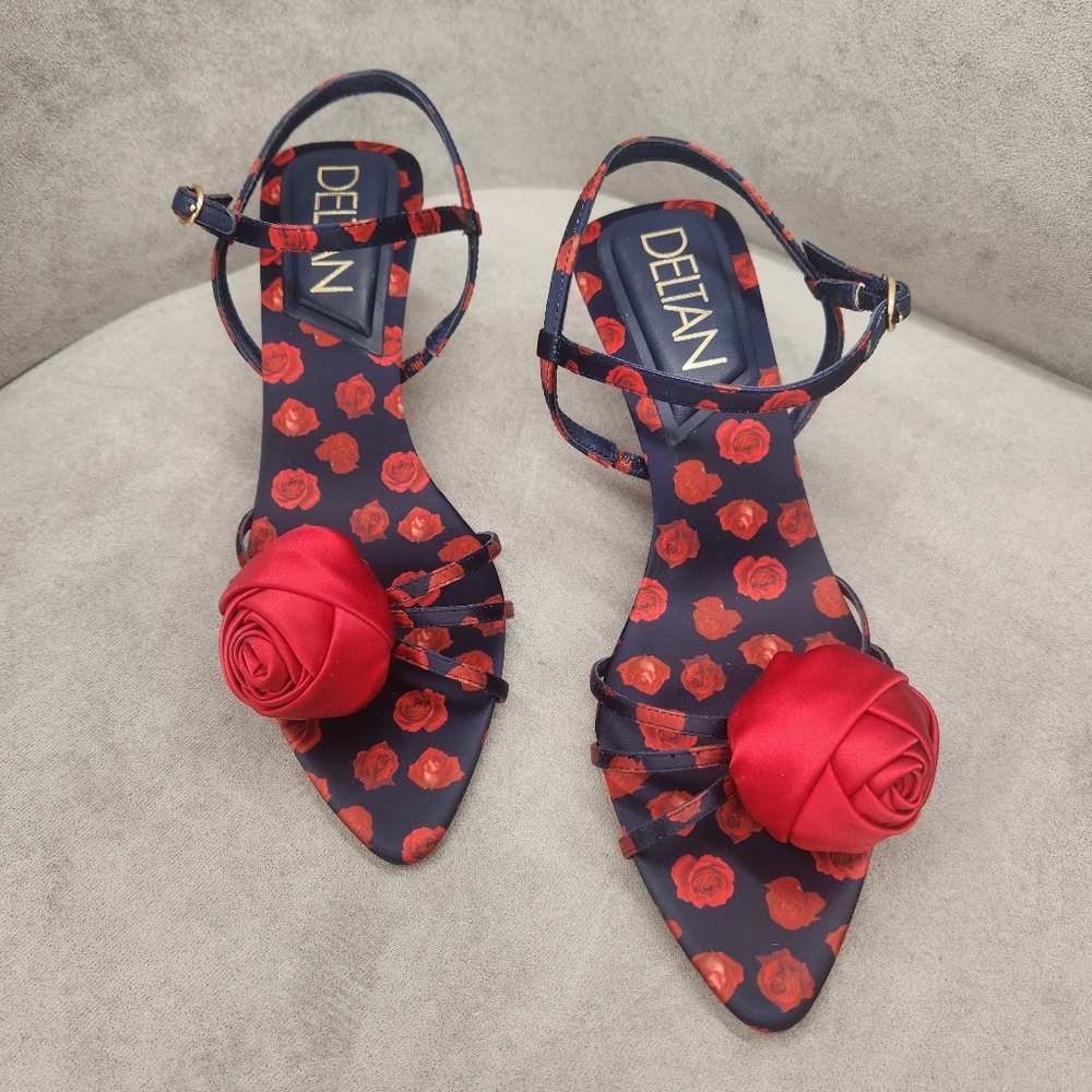 Deltan Heeled Sandals 9 Blue Satin Amayah Rosette Red Roses Floral New $110